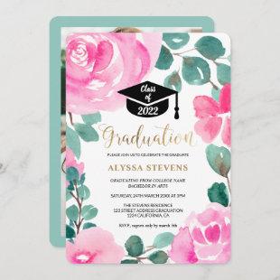 Pink green floral watercolor photo graduation invitation