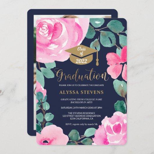 Pink green floral watercolor photo graduation navy invitation