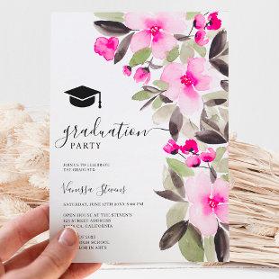 Pink green watercolor flowers graduation invitation