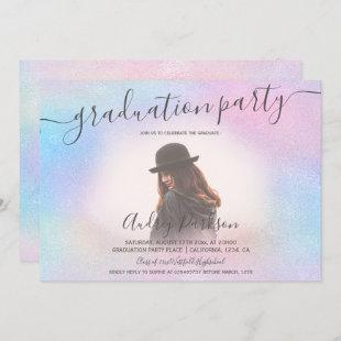 Pink holographic rainbow photo graduation invitation
