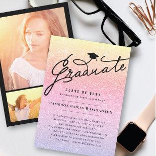 Pink Lilac Glitter Graduate Graduation Cap Party Invitation