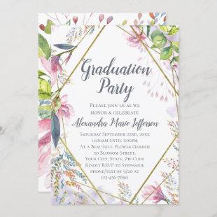 Pink Lily Flower Geometric Gold Girls Graduation Invitation