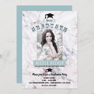 Pink Marble Blue Gold Photo Graduation Party   Invitation