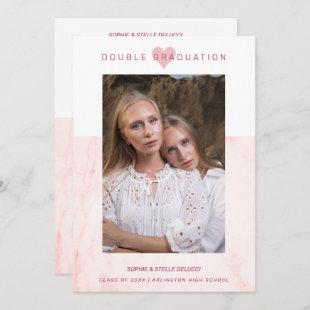 Pink Marble Effect Romantic Photo Twins Graduation Invitation