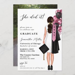 Pink Minimalist Photo She Did It Graduation Invitation