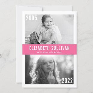 Pink Now and Then Photo Collage Graduation Invitation