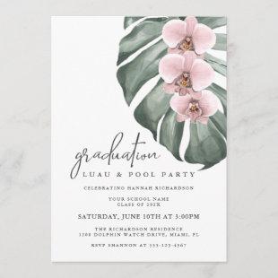 Pink Orchids Tropical Graduation Luau - Pool Party Invitation