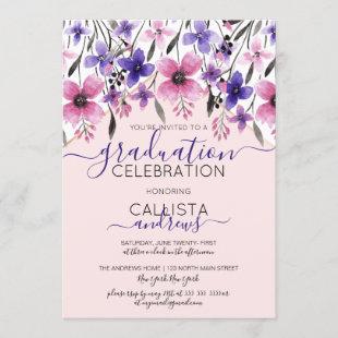 Pink Purple Floral Watercolor Graduation Party Invitation