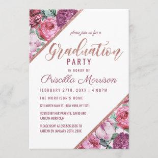 Pink Purple Flower Rose Gold Typography Graduation Invitation