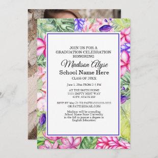 Pink Purple Green Tropical Floral Graduation Party Invitation