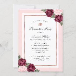 Pink Rose Gold Floral Photo Graduation Party Invitation