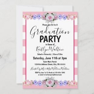 Pink Rose Pink Stripes Graduation Party Invitation