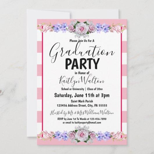 Pink Rose Pink Stripes Graduation Party Invitation