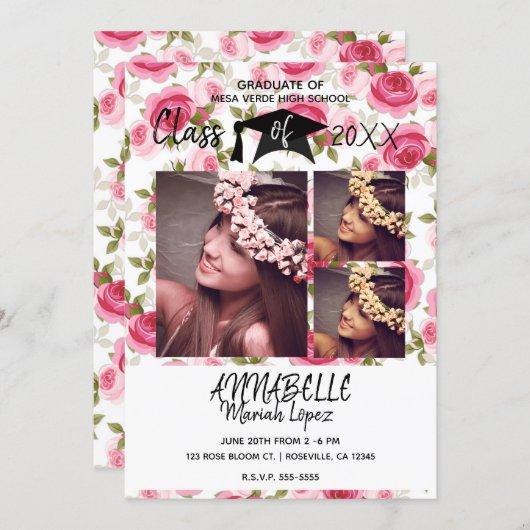 Pink Roses Floral Blooms Graduation Party 3 Photo Invitation