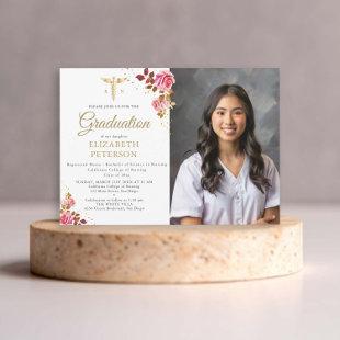 Pink Roses Gold Caduceus Nursing School Graduation Invitation