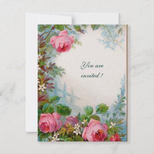 PINK ROSES, JASMINES Floral White Pearl  Paper Invitation