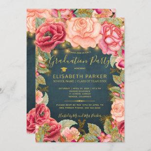 Pink roses navy gold lights graduation party invitation