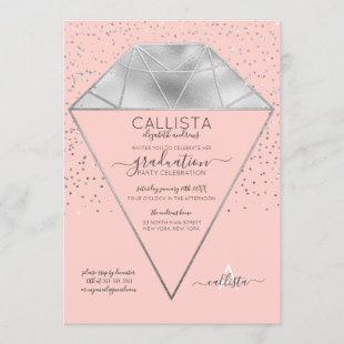 Pink Silver Diamond Confetti Glitter Graduation Invitation