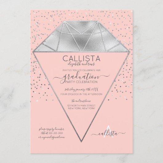 Pink Silver Diamond Confetti Glitter Graduation Invitation