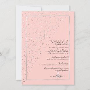 Pink Silver Glitter Diagonal Confetti Graduation Invitation