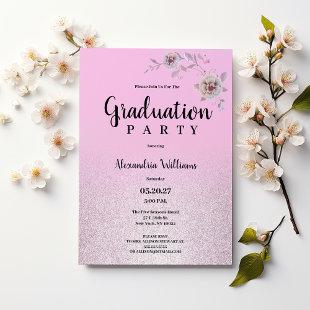 Pink silver lavender glitter flower Graduation Invitation