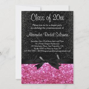 Pink Sparkle-look Black Bow Graduation Invitation