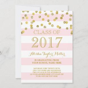 Pink Stripes Gold Confetti Photo 2017 Graduation Invitation