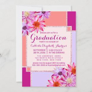 Pink Teal Flowers Leaves Oil Painted Graduation Invitation