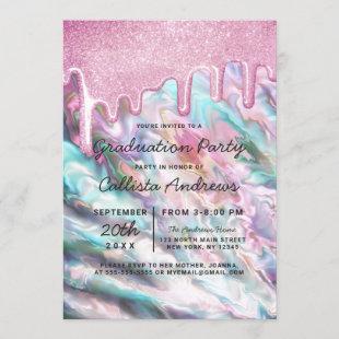 Pink Teal Pearl Opal Glitter Drips Graduation Invitation