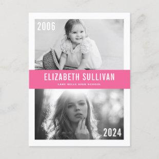 Pink Then and Now Photo Collage Graduation Postcard