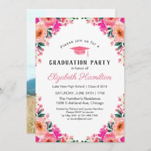 Pink Watercolor Floral Graduation Party Photo Invitation
