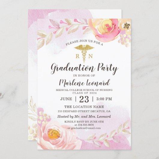 Pink Watercolor Roses RN Nurse Graduation Party Invitation
