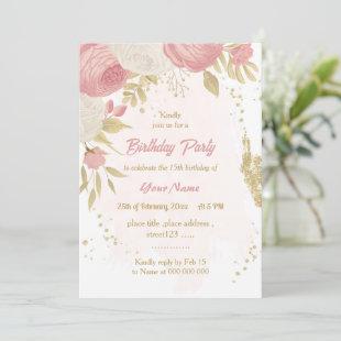 pink & white flowers gold botanical birthday party invitation