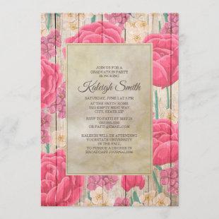 Pink White Flowers Rustic Wood Graduation Party Invitation