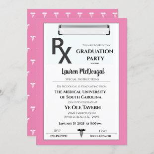 Pink White Medical Prescription Pad Graduation   Invitation