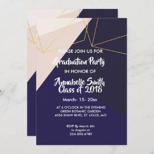 Pink white navy blue & gold geometric  Graduation Invitation