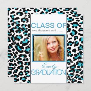 PixDezines Aqua Blue Leopard Print Graduation Invitation