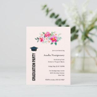 Playful Pretty Pink Flowers Graduation Party Invitation Postcard