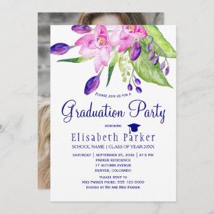 Plum navy floral chic PHOTO graduation party Invitation