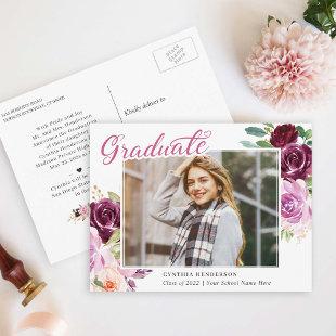Plum Purple Floral Photo Graduation Announcement Postcard