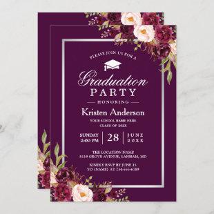 Plum Purple Red Floral Photo Graduation Party Invitation