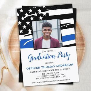 Police Officer Graduation Party Photo Blue Flag Invitation
