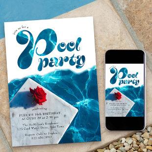 Pool Party Groovy Typography Summer Birthday Invitation