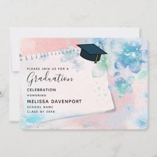 Pretty Blue Flowers on Pink Background Graduation Invitation