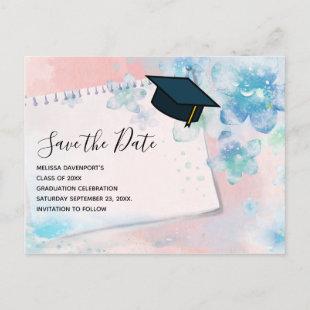 Pretty Blue Flowers on Pink Background Graduation Invitation Postcard