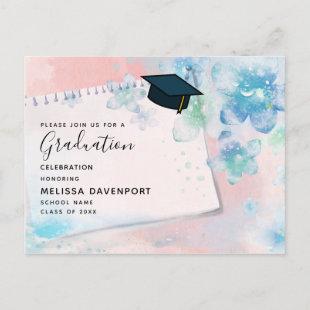Pretty Blue Flowers on Pink Background Graduation Invitation Postcard