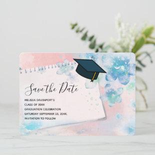 Pretty Blue Flowers on Pink Background Graduation Save The Date