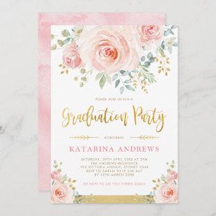 Pretty Blush Pink Gold Floral Graduation Party Invitation