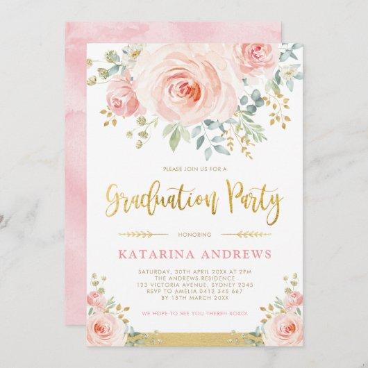 Pretty Blush Pink Gold Floral Graduation Party Invitation