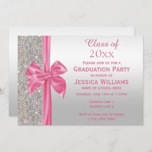 Pretty Pink Silk Bow & Silver Sequins Graduation Invitation